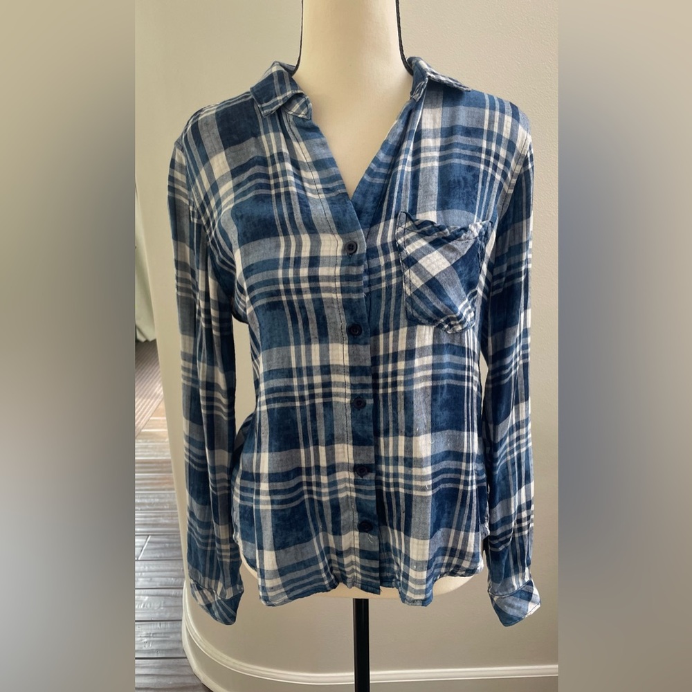 Cloth & Stone Blue White Plaid Button Down Shirt Anthropologie XS